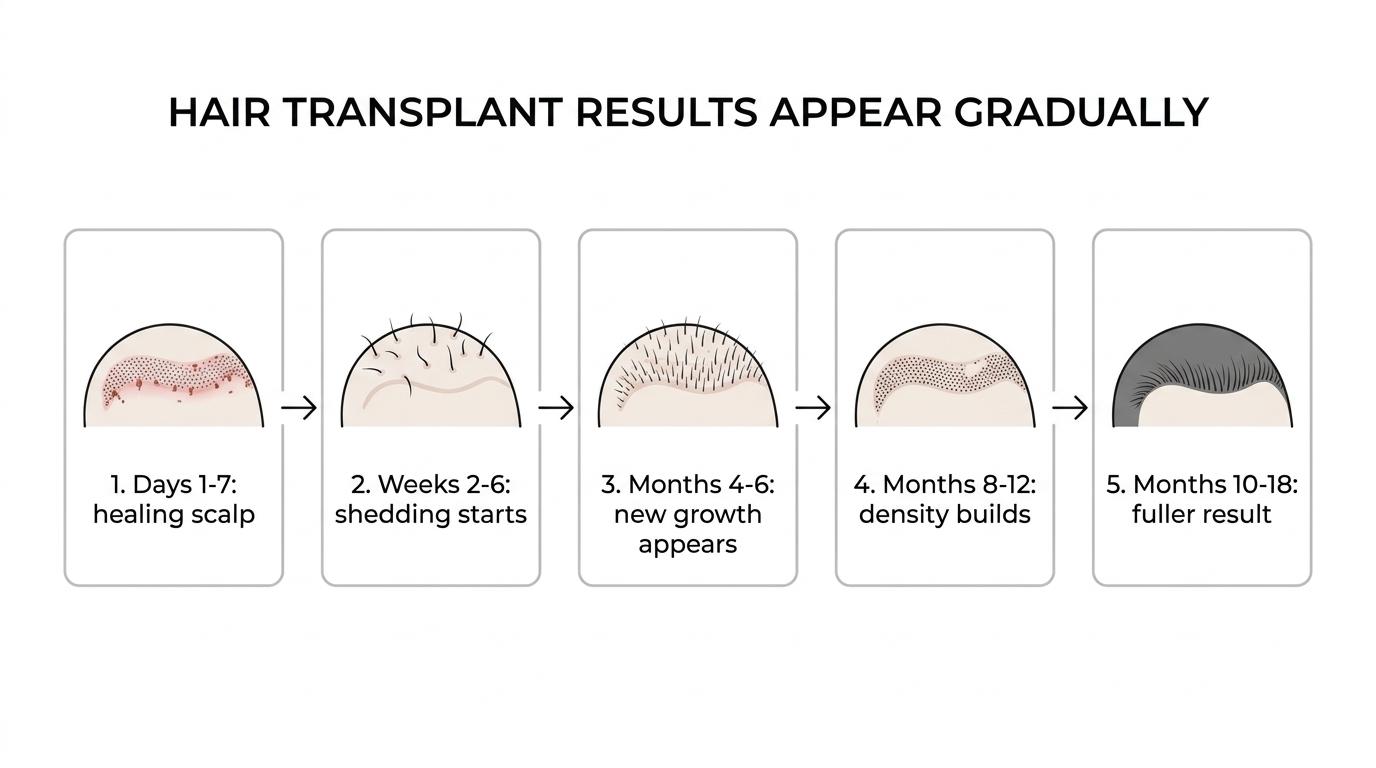Timeline showing hair transplant recovery from first-week scabbing and shedding to visible regrowth and fuller results over 10 to 18 months.