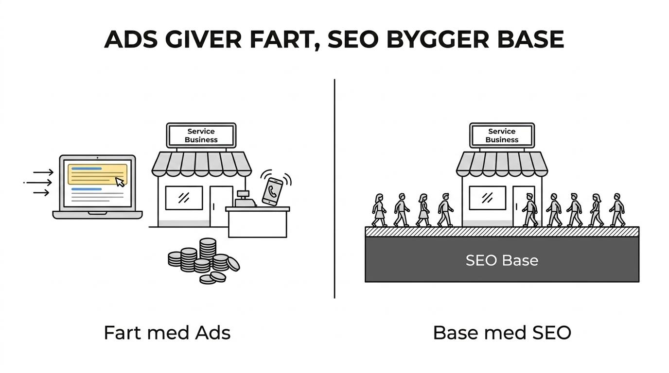Side-by-side sammenligning af SEO og Google Ads for en lille servicevirksomhed med hurtige leads på den ene side og langsigtet organisk vækst på den anden.