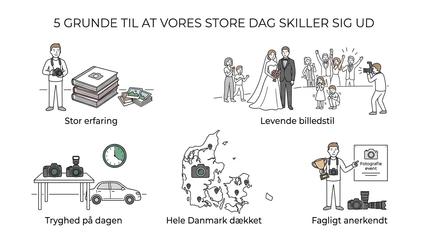 Visual summarizing five reasons to choose Vores Store Dag: experience, style, safety, nationwide coverage, and professional profile.