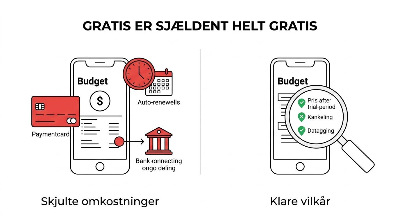 Sammenligning af forskellige typer gratis budgetapps med forskelle i pris, dataadgang og manuelt arbejde.