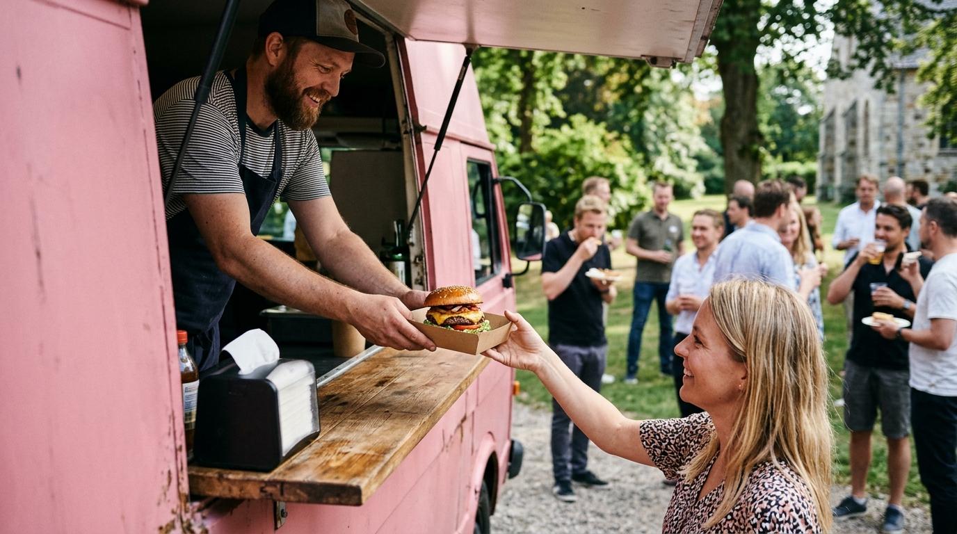 Den lyserøde BOBS foodtruck serverer frisklavede burgere til gæster ved en firmafest.