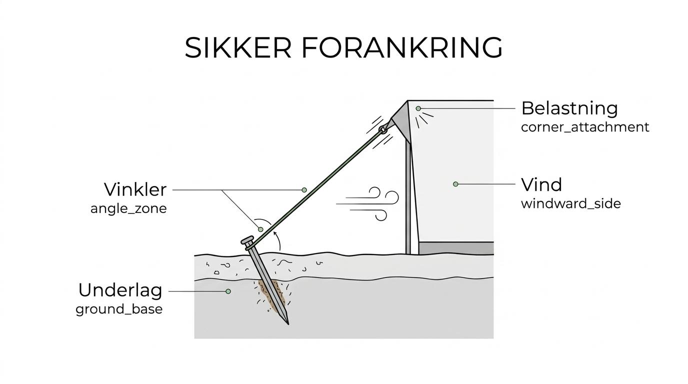 Labeled tent diagram showing wind direction, guyline angle, peg angle, corner loads, side openings, and perimeter anchoring.