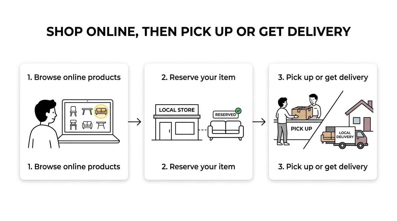 A step-by-step visual showing browsing furniture online, reserving an item, and receiving it by pickup or local Charlotte delivery.