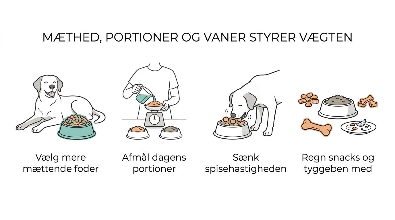 Illustration af en stor hunds fodringsplan med fokus på portionsstørrelse, mæthed, aktivitetsniveau, spisehastighed og godbidder.