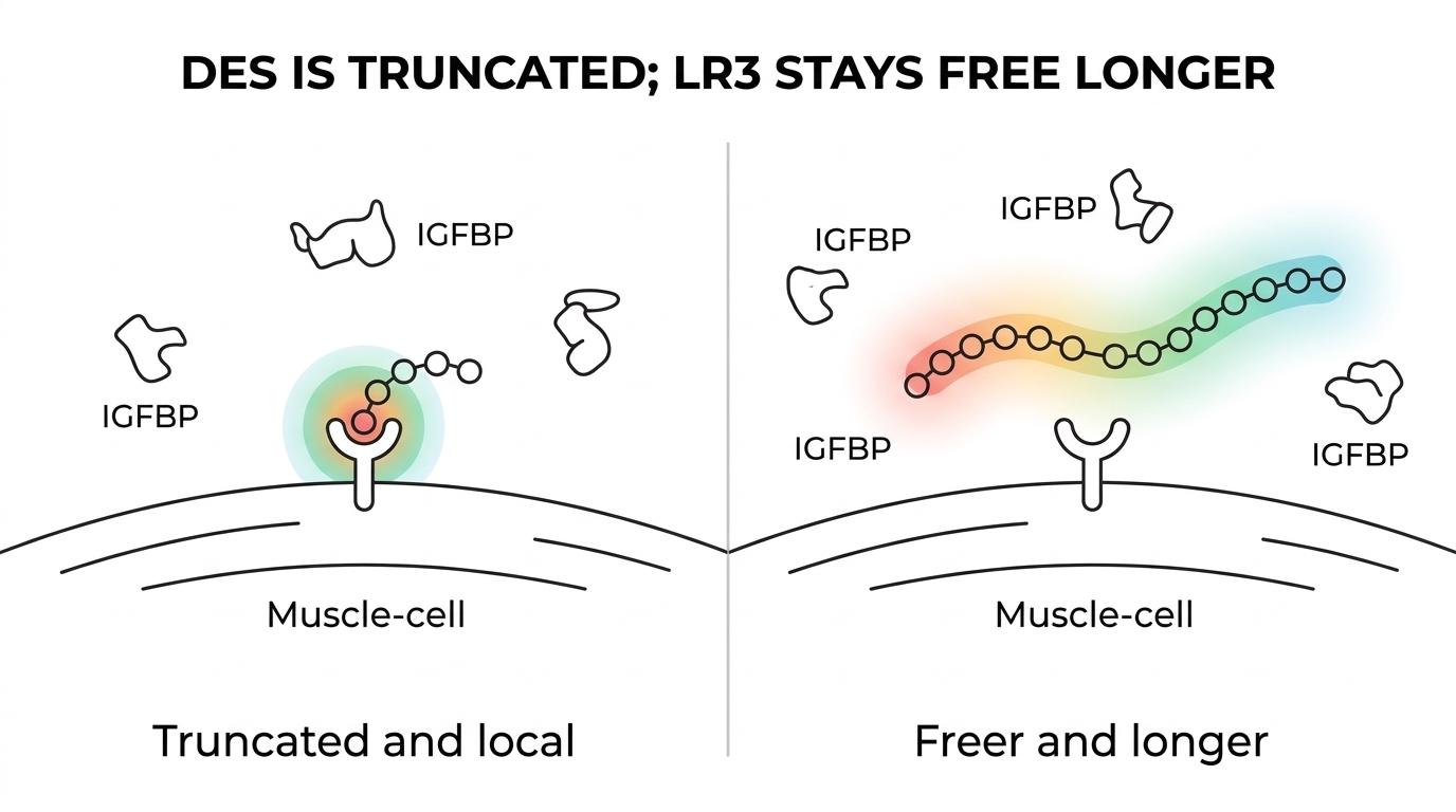 Side-by-side comparison of IGF-1 DES and IGF-1 LR3 showing truncated versus longer structure, IGFBP binding differences, and local versus extended activity.