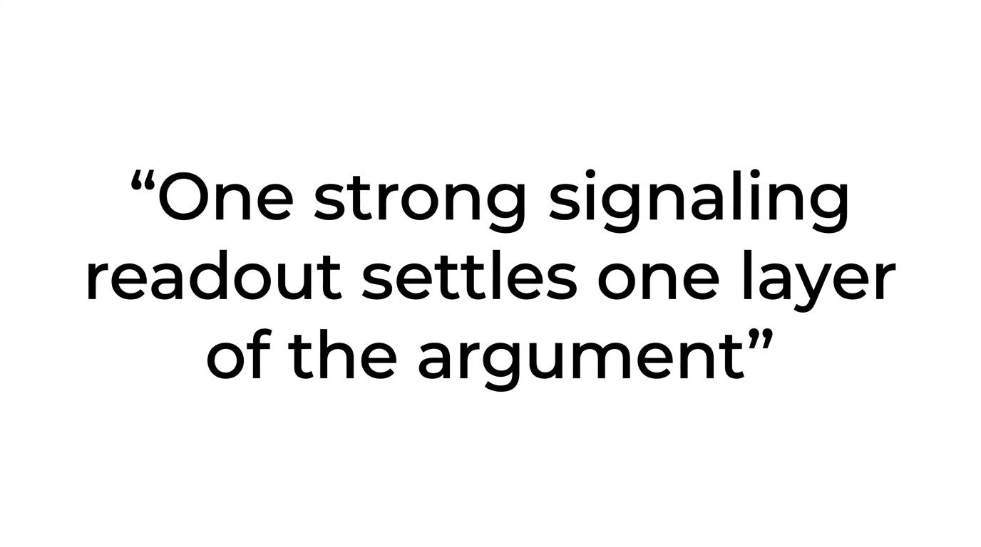 Large pull quote emphasizing that one strong signaling readout does not settle the whole argument.