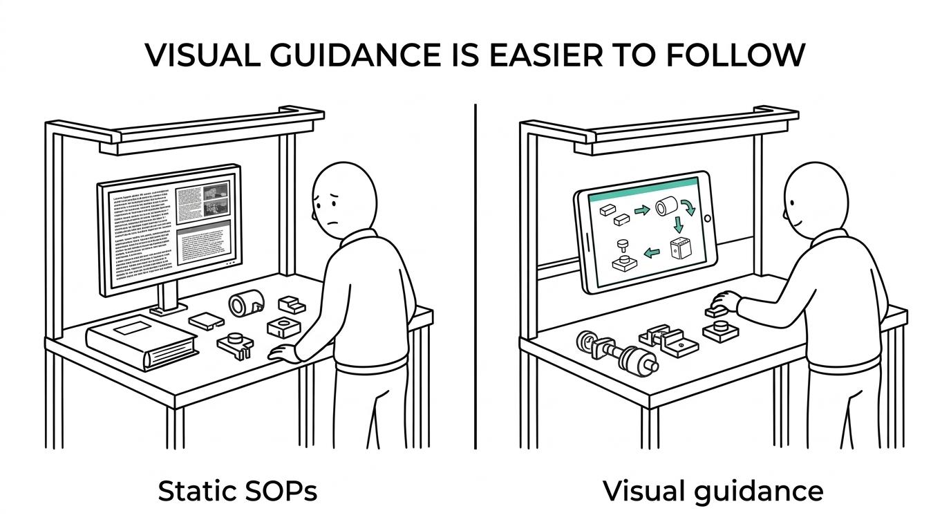 Side-by-side view of a dense paper or PDF work instruction versus a tablet showing clear step-by-step visual industrial guidance.