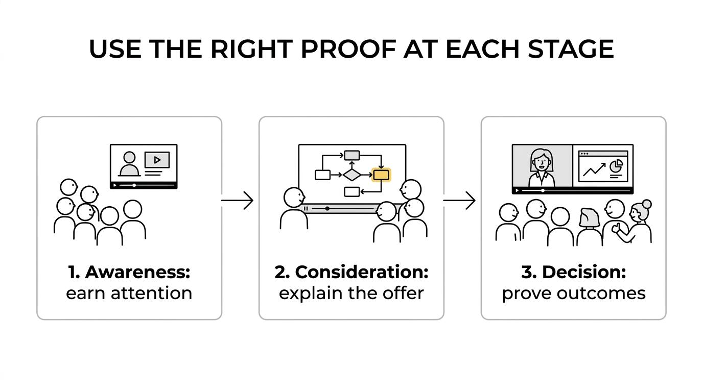 Three-stage flow showing awareness, consideration, and decision, with the buyer questions and best video formats for each stage.