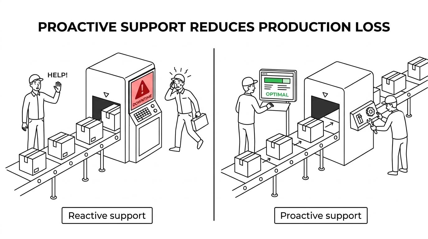 Side-by-side comparison of reactive and proactive manufacturing IT support across monitoring, patching, backups, incident response, and production impact.