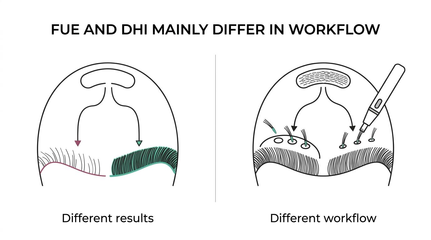 Side-by-side comparison of FUE and DHI hair transplant methods, showing extraction, implantation, speed, shaving needs, and best use cases.