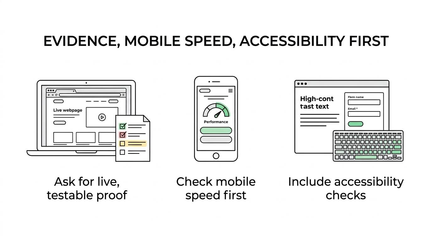 A checklist-style visual showing the top factors to compare in a web development company: documented proof, mobile performance, accessibility, search basics, maintenance, and conversion planning.