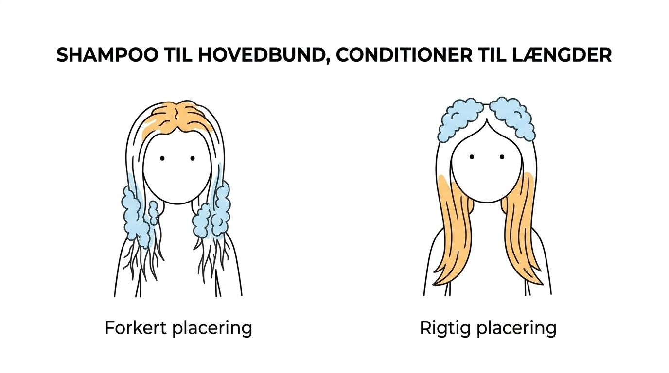 Sammenligning af korrekt hårplejerutine med shampoo i hovedbunden og conditioner i længderne versus omvendt placering med fedtet bund og tørre spidser.