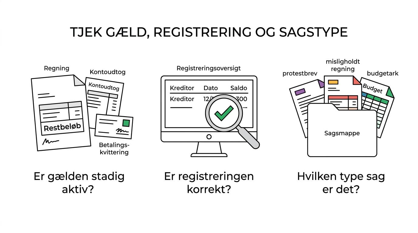 Oversigt med syv kontrolpunkter for en RKI-registrering: gæld, kreditor, dato, saldo, varsling, tvist og samlet økonomi.