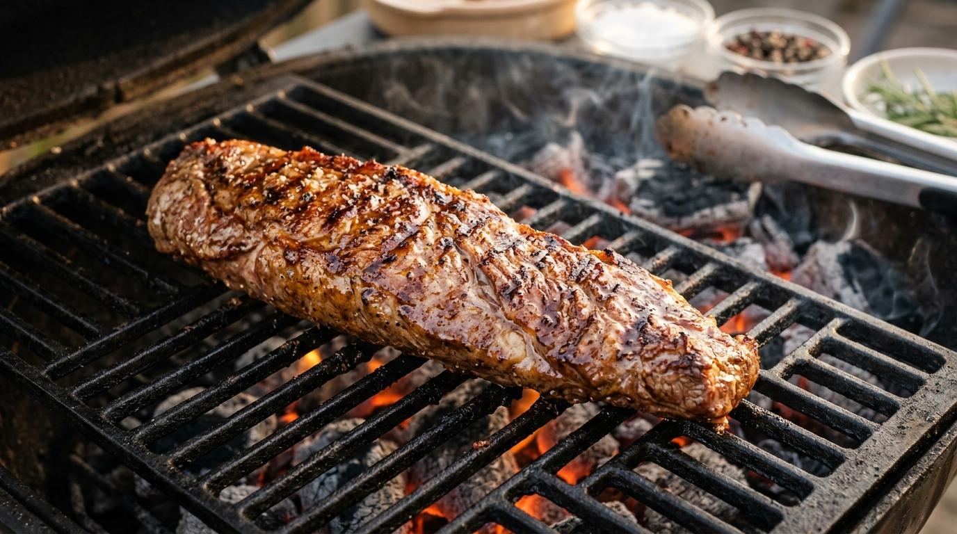 Grillet pluma iberico med tydelig marmorering og saftig stegeskorpe på et skærebræt.