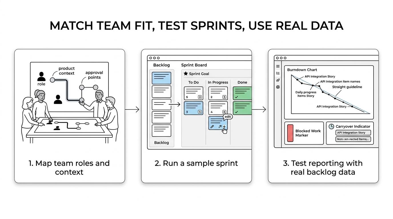 Three-step flow showing team model mapping, a sample sprint test, and reporting checks with real backlog data.