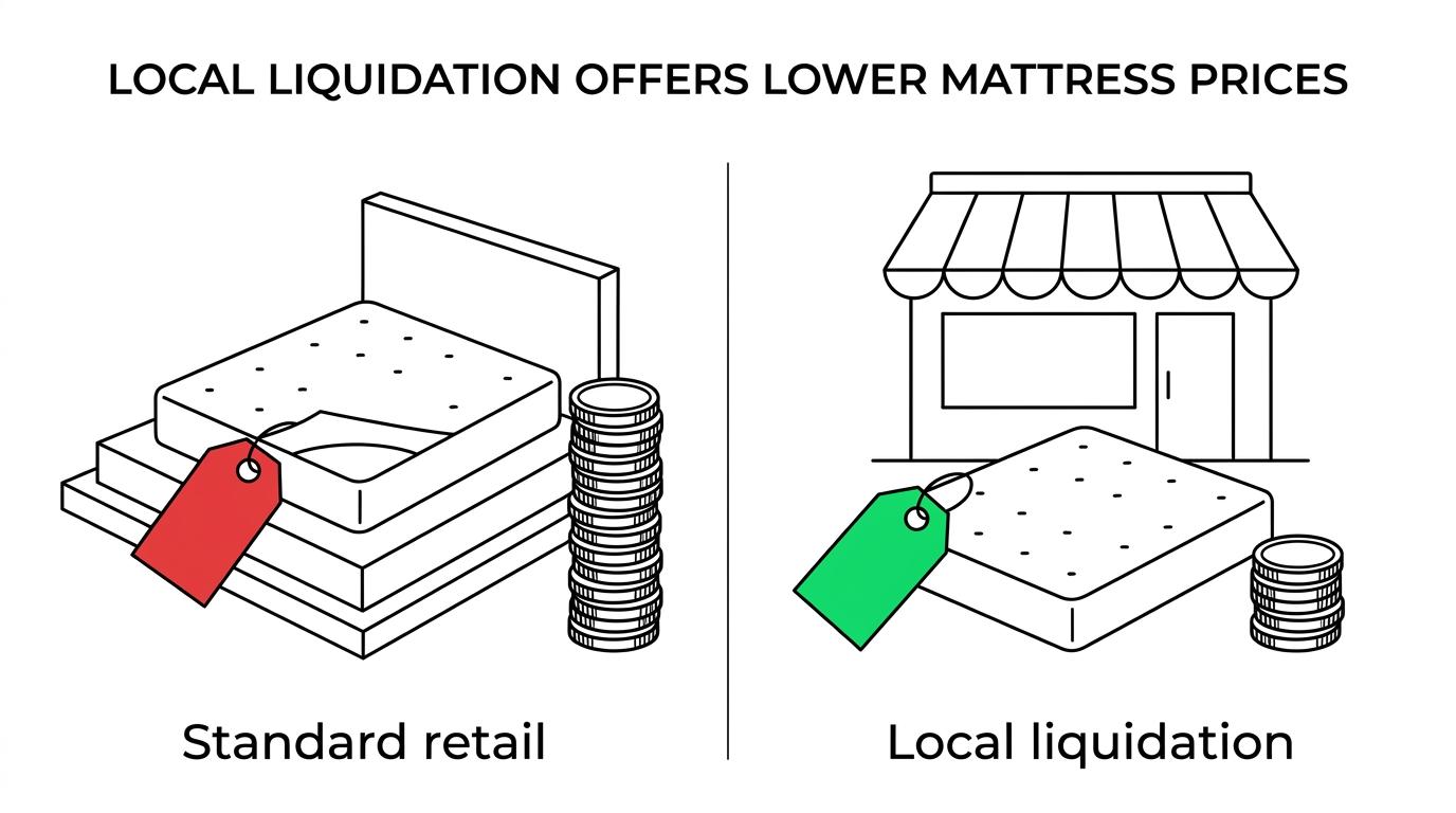 Side-by-side comparison of standard mattress retail versus Tony Discount liquidation shopping in Charlotte, highlighting price, inventory availability, reservation, pickup, and delivery.