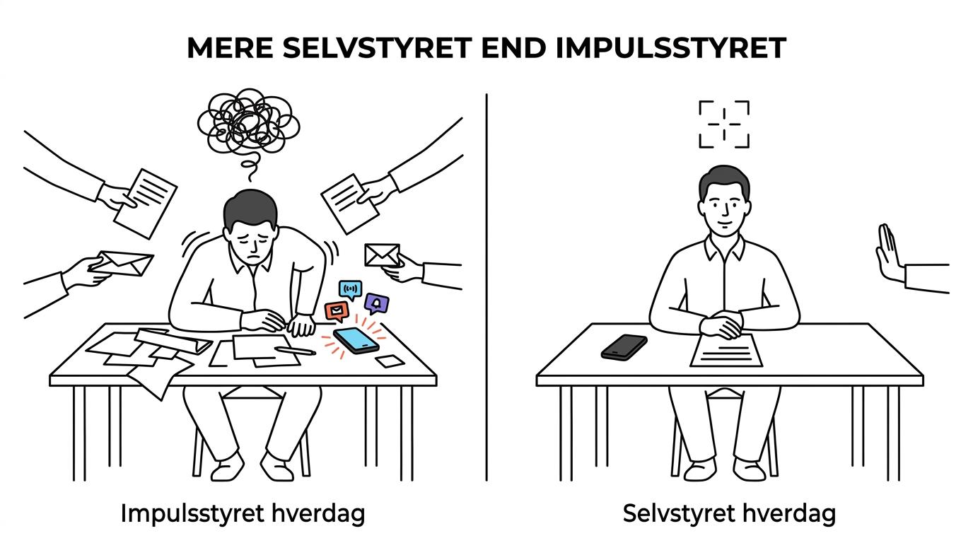 Side om side visning af en mentalt overbelastet person og den samme person rolig, fokuseret og tydelig i sine grænser.