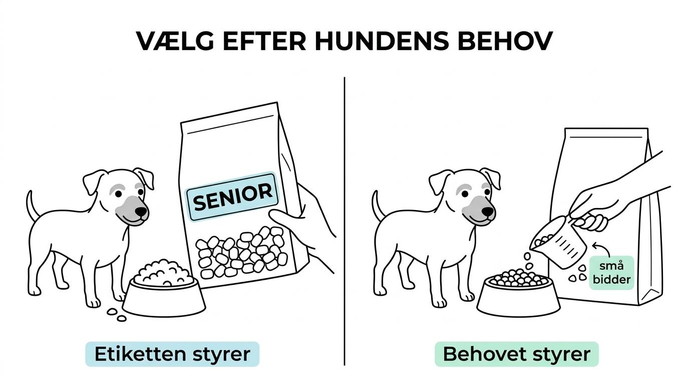 Sammenligning mellem en generisk pose senior hundefoder og en målrettet løsning til en lille seniorhund med afmålt portion.
