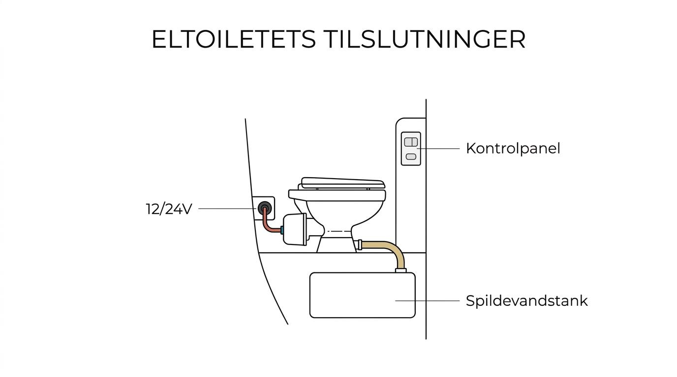 Labeled diagram of a boat toilet system showing an electric marine toilet connected to power, control panel, hoses, and holding tank.