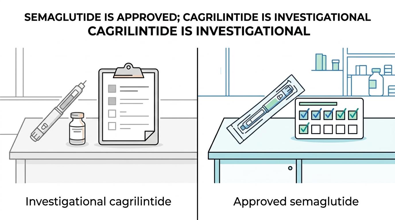 Side-by-side comparison of semaglutide and cagrilintide highlighting FDA-approved versus investigational status, GLP-1 versus amylin mechanism, stronger phase 3 obesity evidence for semaglutide, and cagrilintide’s role mainly in combination development.