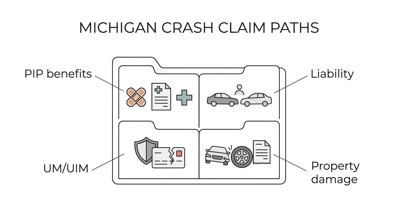 Diagram showing a Holt car crash claim branching into PIP benefits, at-fault liability, uninsured or underinsured motorist coverage, health insurance coordination, and pain-and-suffering threshold.