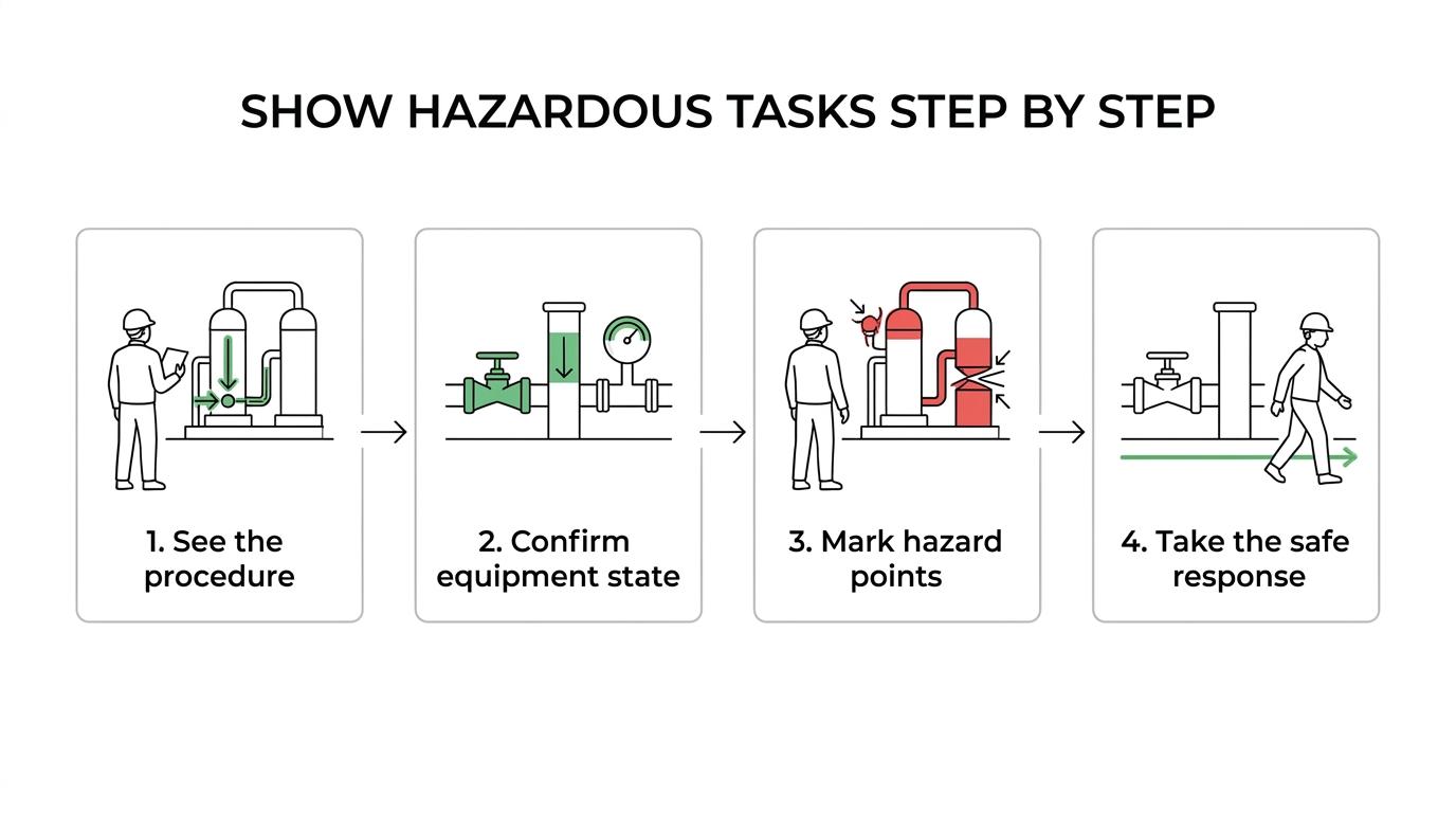 Step-by-step oil and gas training sequence showing equipment state, hazard points, and the correct response.
