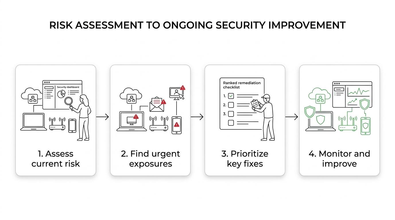 A step-by-step cybersecurity service flow showing risk assessment, exposure identification, remediation priorities, managed controls, continuous monitoring, and ongoing security improvement.
