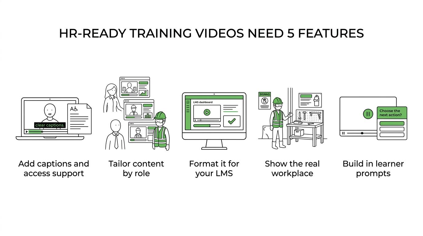 A grouped visual of key HR training video features, including captions, LMS integration, role-based versions, on-screen labels, practice prompts, real workplace footage, modular edits, update-friendly structure, and multilingual options.