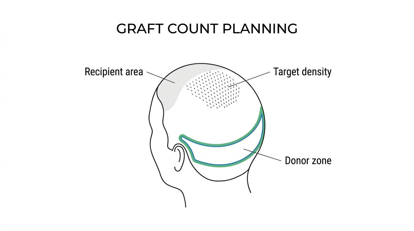 Diagram showing hair transplant graft count planning with recipient area, target density, donor supply, hair characteristics, hairline design, and future loss feeding into the final estimate.