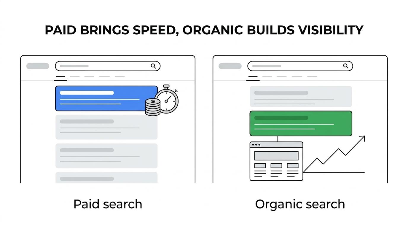 Side-by-side comparison showing paid search and organic search on a Google results page, with differences in speed, cost, visibility, and measurement.
