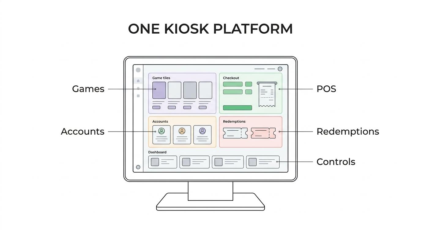 Diagram of a central RiverSlot platform connected to POS, player accounts, redemptions, reporting, kiosk management, compliance tools, and multi-location controls.