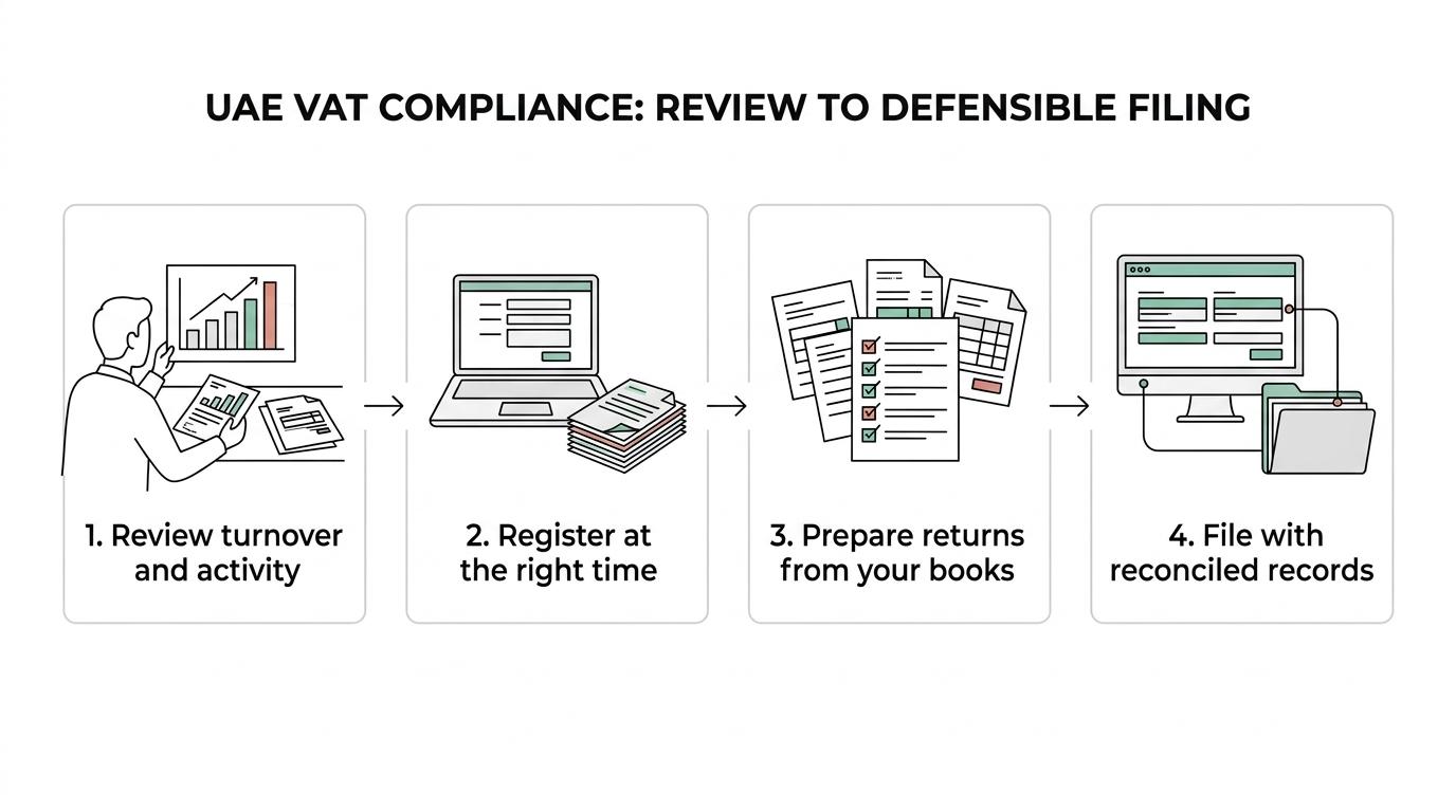 Flowchart showing UAE VAT compliance steps from threshold review and registration to return filing, record checks, corrections, and audit support.