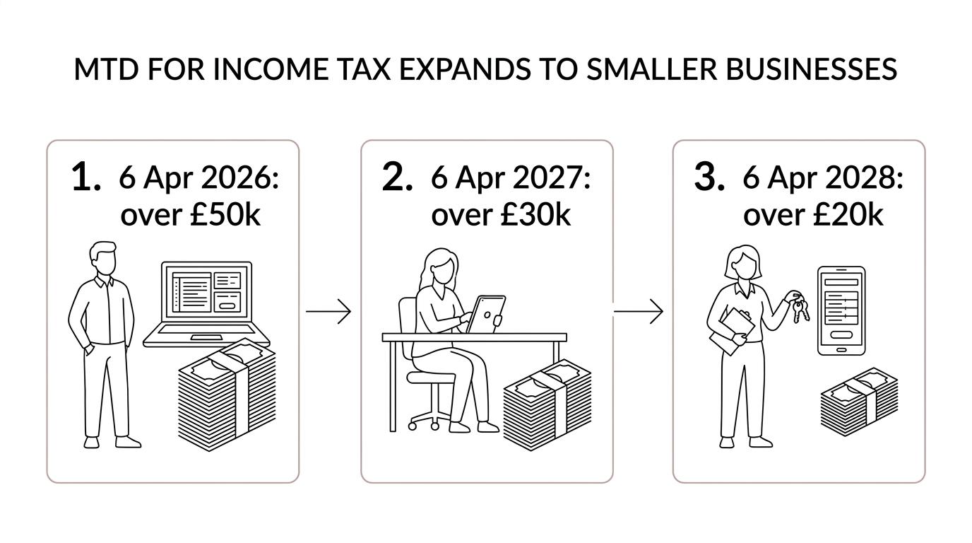 Timeline showing Making Tax Digital for Income Tax starting on 6 April 2026 for qualifying income over £50,000, then expanding on 6 April 2027 for over £30,000 and on 6 April 2028 for over £20,000.