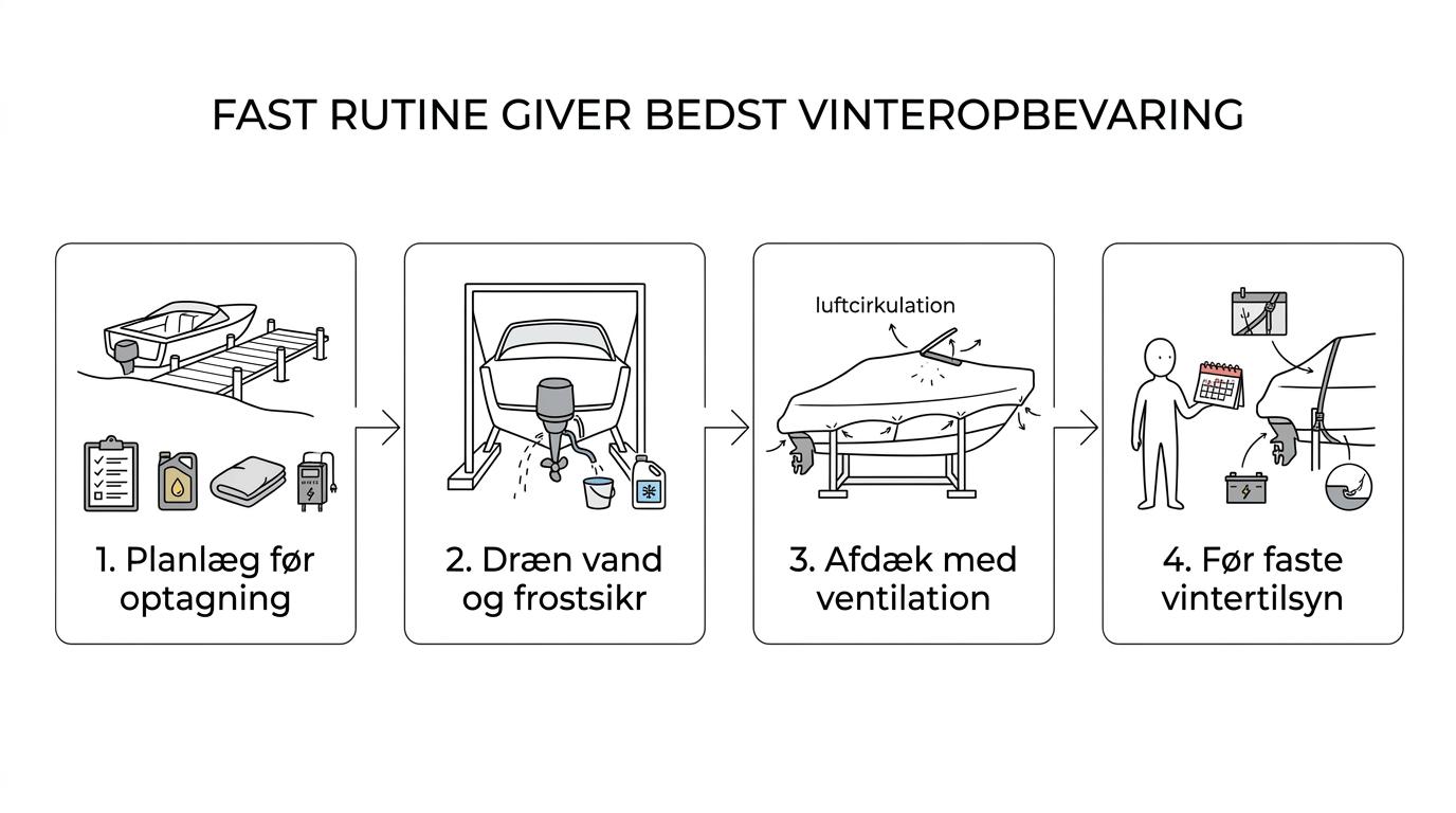 Trinvis oversigt over bådens vinteropbevaring på land fra forberedelse og optagning til frostbeskyttelse, afdækning og løbende tilsyn.