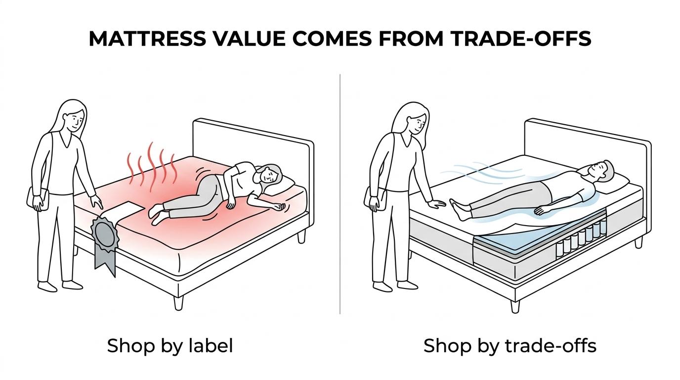 Side-by-side comparison of memory foam, innerspring, and hybrid mattresses across heat, motion isolation, bounce, edge support, and budget value.