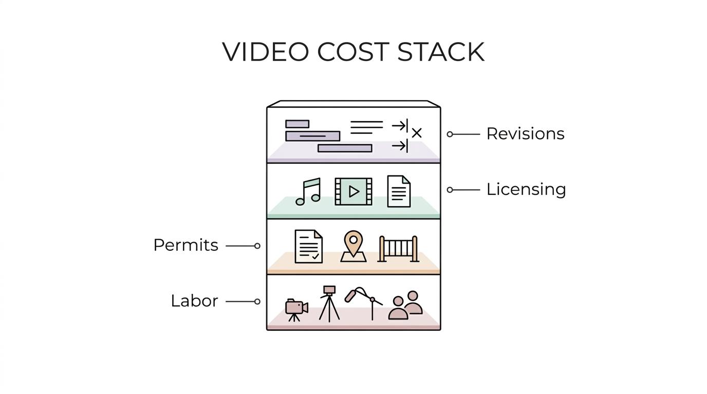 Labeled breakdown of a corporate video budget showing labor, postproduction, locations, permits, licensing, travel, equipment, and compliance as connected cost drivers.