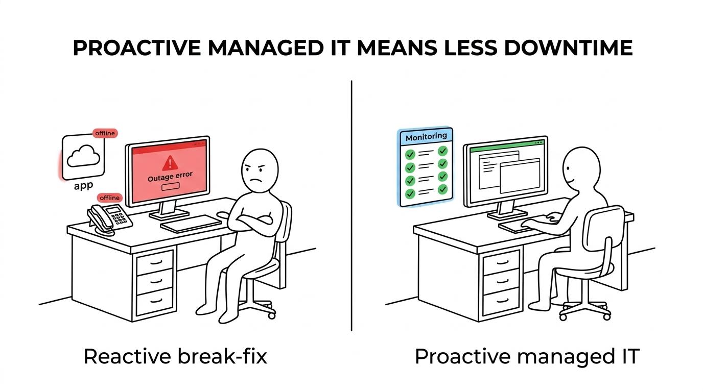 Side-by-side comparison of reactive break-fix IT support versus proactive managed IT with monitoring, patching, security, and planning.
