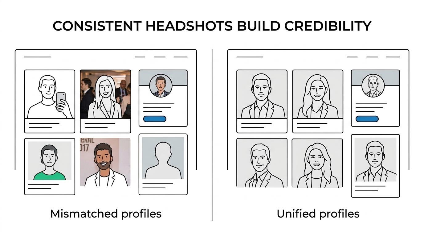 Side-by-side view of inconsistent casual employee photos versus polished, matching corporate headshots displayed across a company website, LinkedIn, and staff directory.