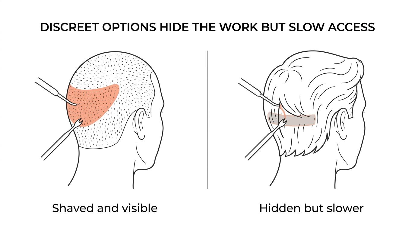 Side-by-side comparison of standard shaved FUE, zone-shave FUE, and nonshaven FUE showing how much hair is trimmed and how visible each approach is after surgery.