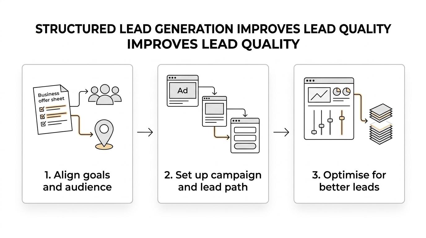 Three-step B2B lead generation process showing audience alignment, campaign setup, and ongoing optimisation.