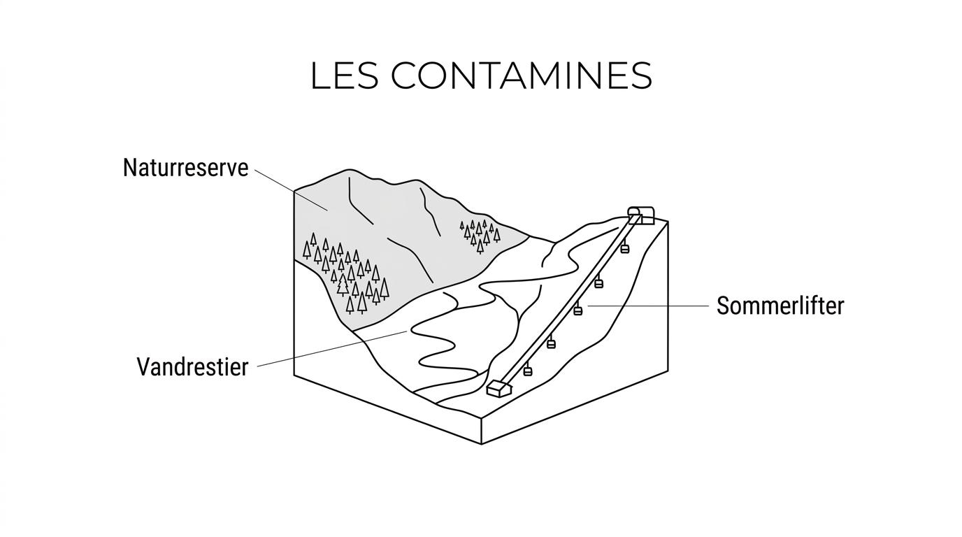 Illustrated overview of Les Contamines showing the village base, hiking trails, summer lifts, nature reserve, and Tour du Mont-Blanc access.