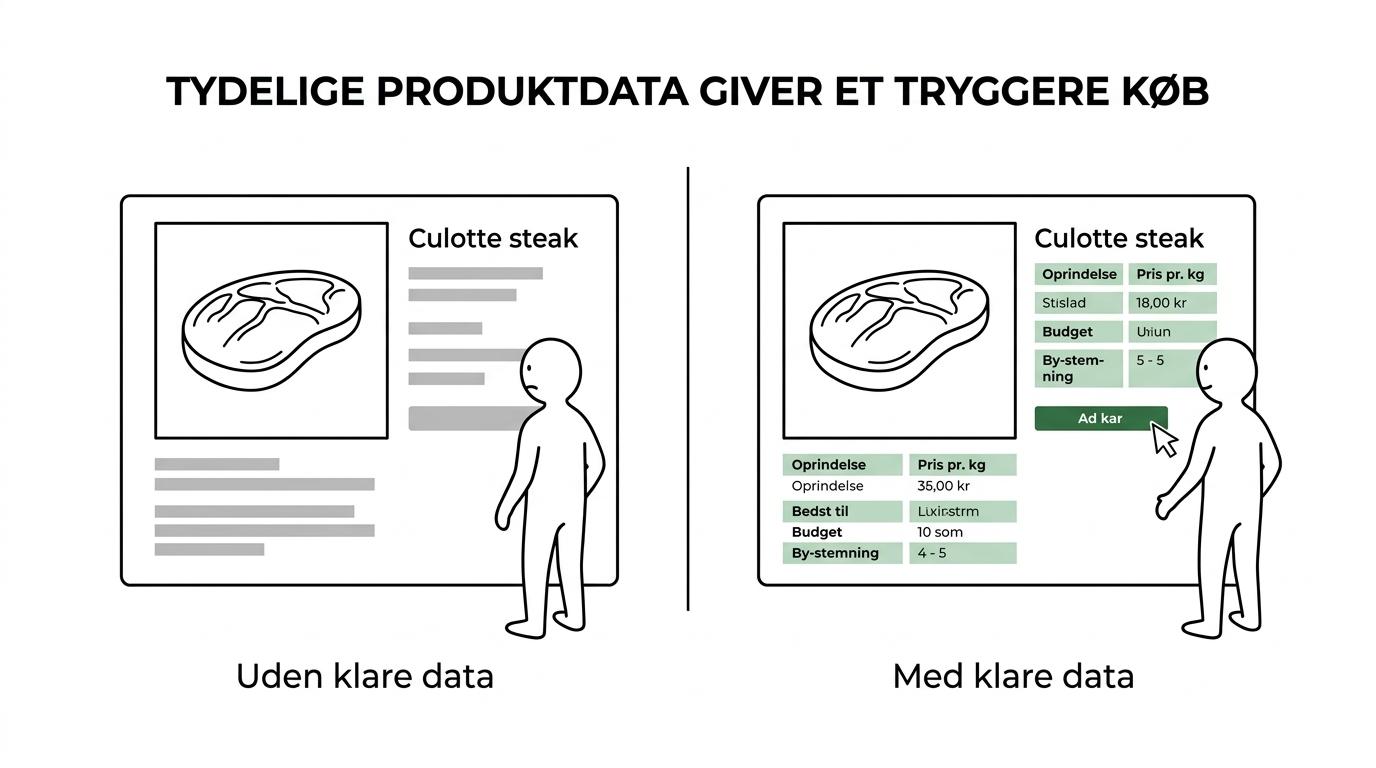 Side om side-visning af en generisk culotte-annonce med kun billede og en Steak-out-produktvisning med udskæring, race, oprindelse, fodring og pris pr. kg.