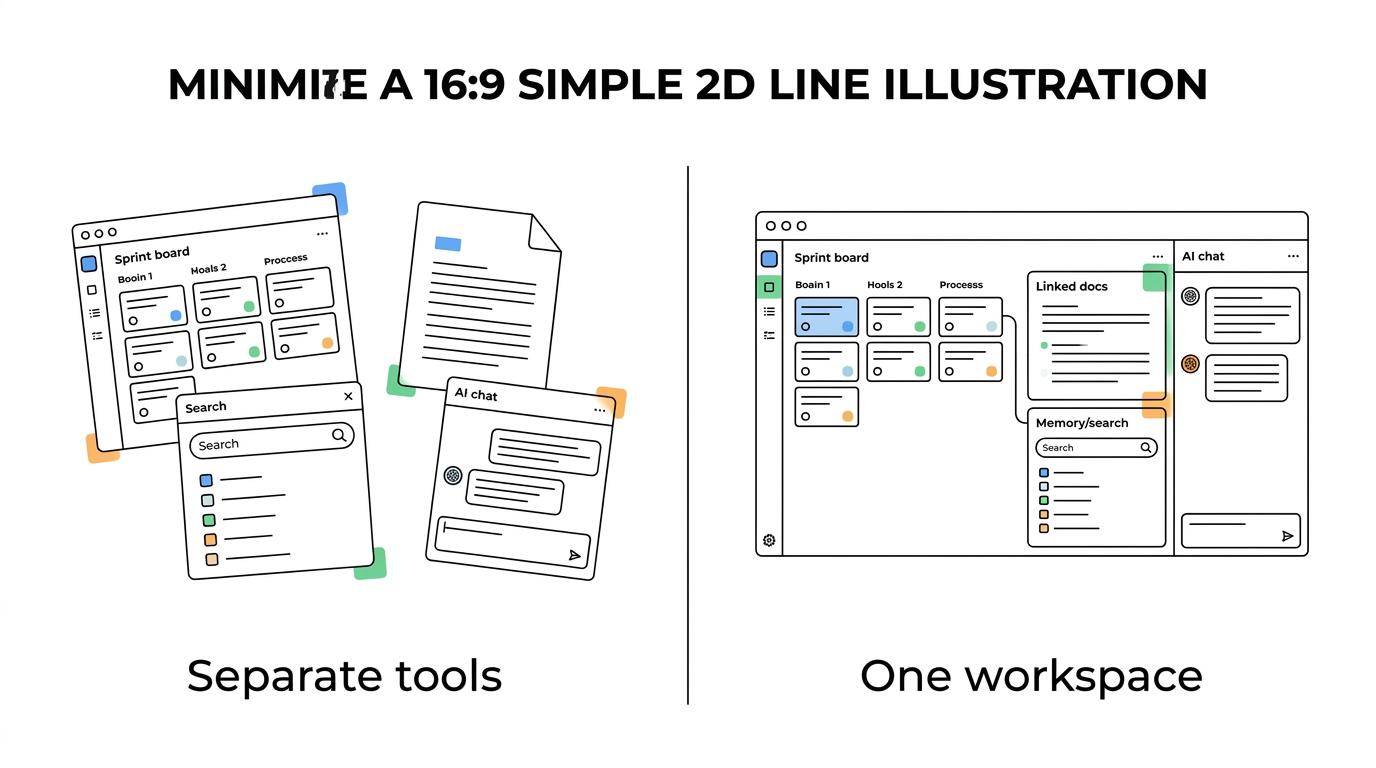 Side-by-side view of a fragmented sprint-planning stack on one side and a unified TOW workspace connecting boards, docs, reports, and AI on the other.