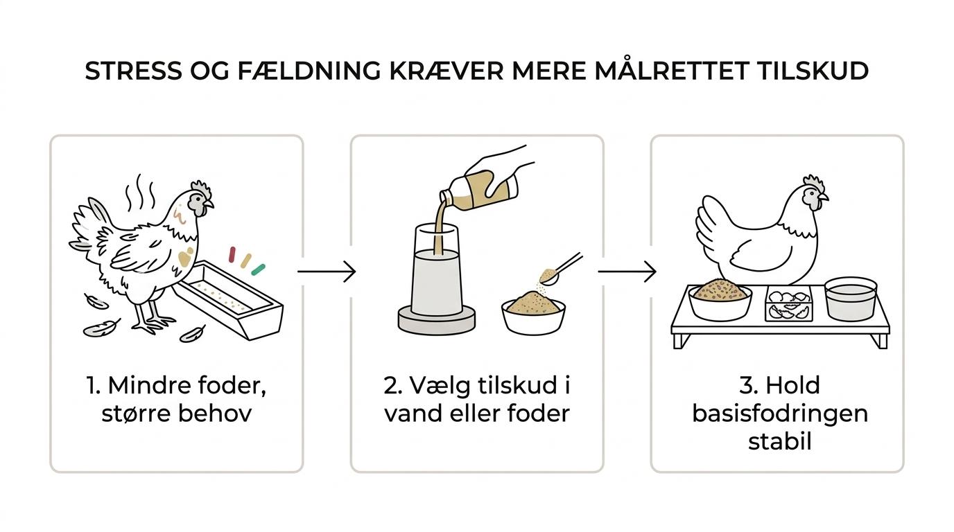 A step-by-step visual showing hens during molt and heat stress, reduced feed intake, increased water use, and vitamins added through feed or drinking water.