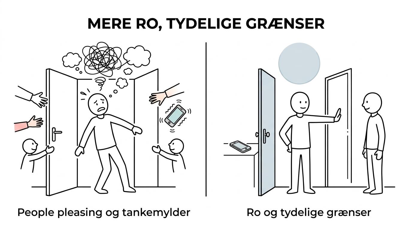 Sammenligning af en person fanget i tankemylder og people pleasing ved siden af samme person rolig, fokuseret og med tydelige grænser.