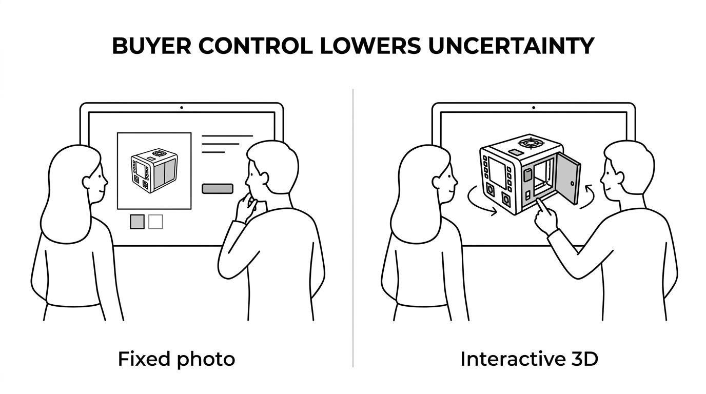 Side-by-side view of a static product photo gallery and an interactive 3D viewer for the same technical product.