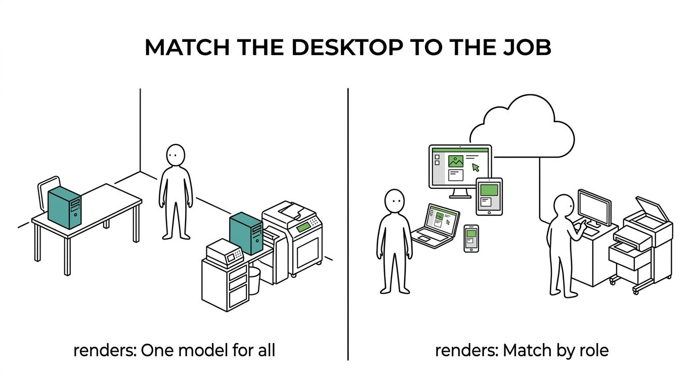 Side-by-side comparison of virtual desktops and traditional PCs for SMB teams across access, security, hardware, connectivity, and cost.