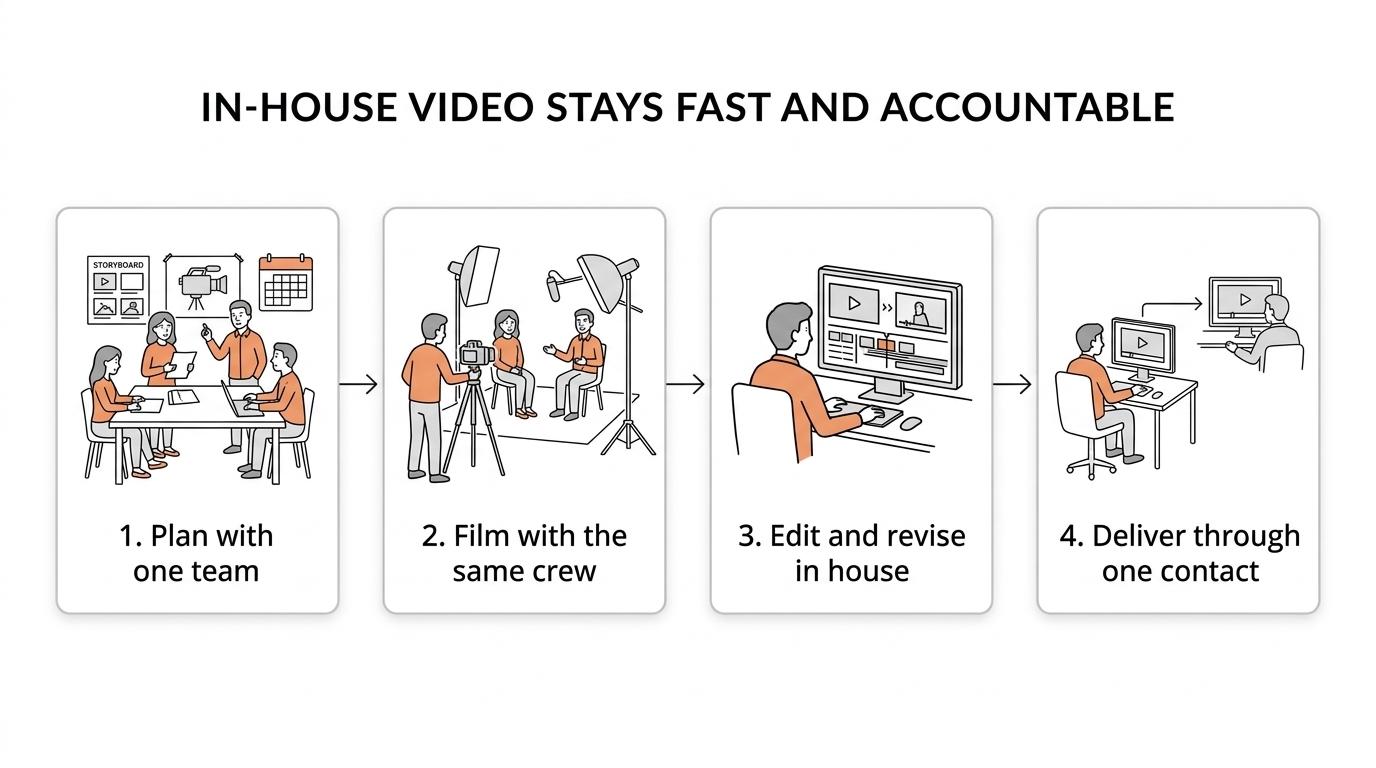 Three-stage video production workflow showing planning, filming, and editing handled by one in-house team.