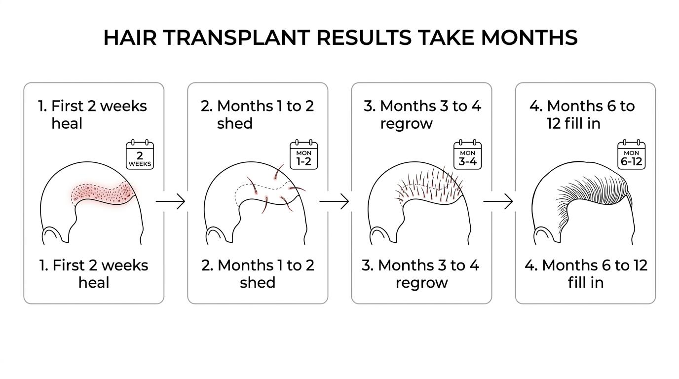 A hair transplant results timeline showing early healing, shedding, regrowth, visible improvement, and fuller maturation from 2 weeks to 12 months.