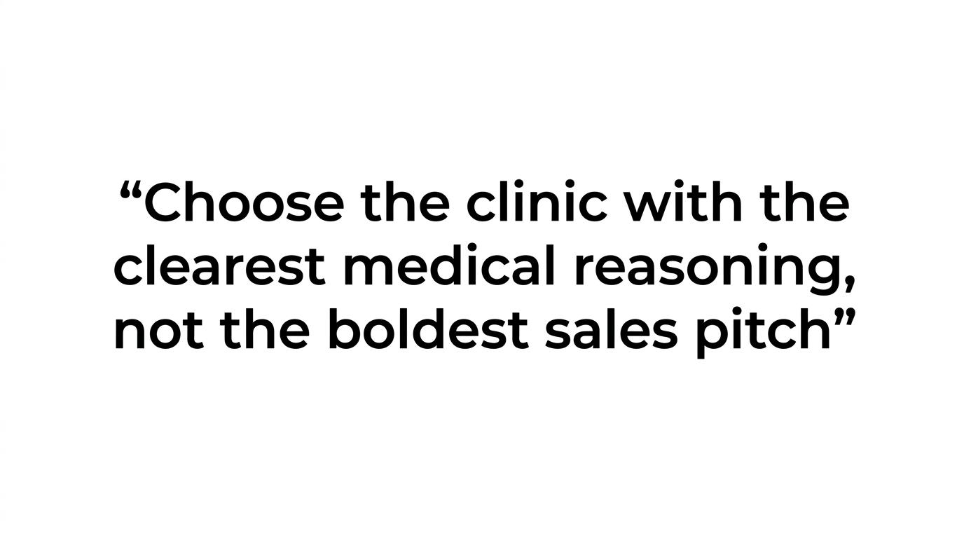 A quote card highlighting that the best clinic choice comes from clear medical reasoning, not the boldest sales pitch.